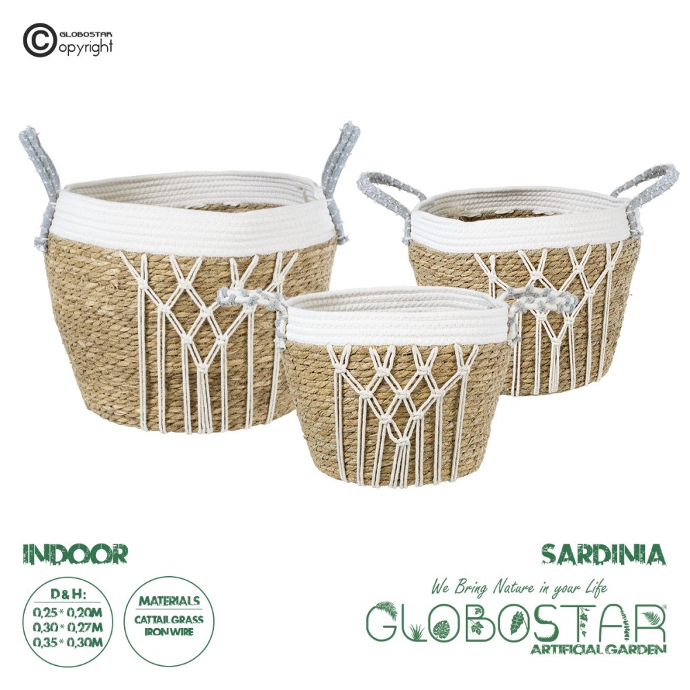 GloboStar® Artificial Garden SARDINIA 20335 ΣΕΤ 3 Διακοσμητικά Πλεκτά Καλάθια - Κασπώ Γλάστρες - Flower Pots Μπεζ με Μακραμέ A:Φ25cm x Υ20cm B:Φ30cm x Υ27cm C:Φ35cm x Υ30cm