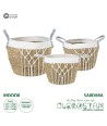 GloboStar® Artificial Garden SARDINIA 20335 ΣΕΤ 3 Διακοσμητικά Πλεκτά Καλάθια - Κασπώ Γλάστρες - Flower Pots Μπεζ με Μακραμέ A:Φ25cm x Υ20cm B:Φ30cm x Υ27cm C:Φ35cm x Υ30cm