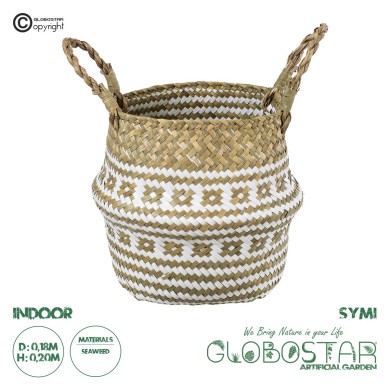 GloboStar® Artificial Garden SYMI 20338 Διακοσμητικό Ψάθινο Καλάθι - Κασπώ Γλάστρα - Flower Pot Μπεζ με Λευκό Φ18cm x Υ20cm