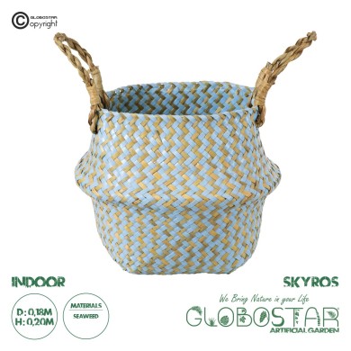 GloboStar® Artificial Garden SKYROS 20340 Διακοσμητικό Ψάθινο Καλάθι - Κασπώ Γλάστρα - Flower Pot Μπλε με Καφέ Φ18cm x Υ20cm