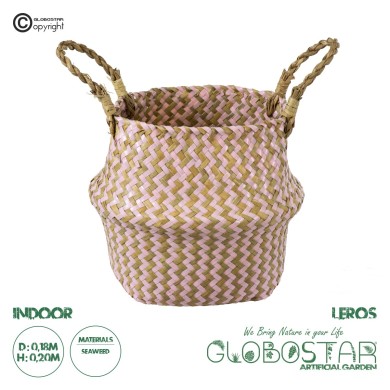 GloboStar® Artificial Garden LEROS 20341 Διακοσμητικό Ψάθινο Καλάθι - Κασπώ Γλάστρα - Flower Pot Ροζ με Καφέ Φ18cm x Υ20cm