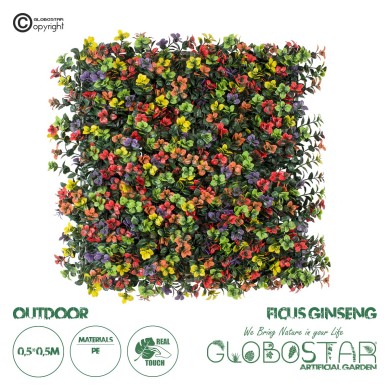 GloboStar® Artificial Garden FICUS GINSENG 20348 Τεχνητό Διακοσμητικό Πάνελ Φυλλωσιάς - Κάθετος Κήπος σύνθεση Πολύχρωμος Φίκος Τζίνσενγκ Μ50 x Π50 x Υ9cm