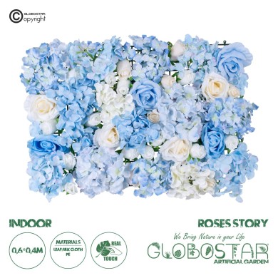 GloboStar® Artificial Garden ROSES STORY 20353 Τεχνητό Διακοσμητικό Πάνελ Λουλουδιών - Κάθετος Κήπος σύνθεση Μπλε & Μπεζ Τριαντάφυλλα Μ40 x Π60 x Υ10cm