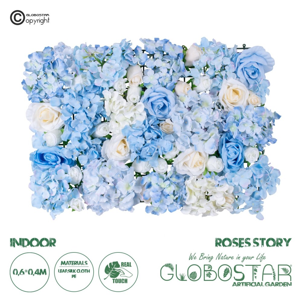 GloboStar® Artificial Garden ROSES STORY 20353 Τεχνητό Διακοσμητικό Πάνελ Λουλουδιών - Κάθετος Κήπος σύνθεση Μπλε & Μπεζ Τριαντάφυλλα Μ40 x Π60 x Υ10cm