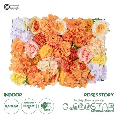 GloboStar® Artificial Garden ROSES STORY 20354 Τεχνητό Διακοσμητικό Πάνελ Λουλουδιών - Κάθετος Κήπος σύνθεση Πορτοκαλί & Ροζ Τριαντάφυλλα Μ40 x Π60 x Υ12cm