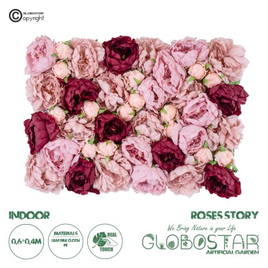 GloboStar® Artificial Garden ROSES STORY 20355 Τεχνητό Διακοσμητικό Πάνελ Λουλουδιών - Κάθετος Κήπος σύνθεση Ροζ & Βυσσινί Τριαντάφυλλα Μ40 x Π60 x Υ8cm