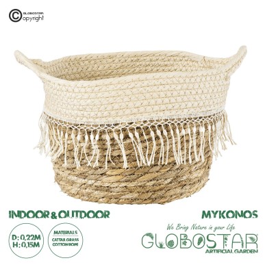 GloboStar® Artificial Garden MYKONOS 20279 Διακοσμητικό Πλεκτό Καλάθι - Κασπώ Γλάστρα - Flower Pot Μπεζ με Μακραμέ Φ22cm x Υ15cm