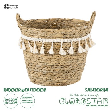 GloboStar® Artificial Garden SANTORINI 20284 Διακοσμητικό Πλεκτό Καλάθι - Κασπώ Γλάστρα - Flower Pot Μπεζ με Μακραμέ Φ20cm x Υ20cm
