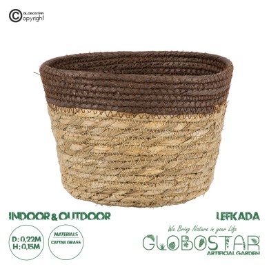 GloboStar® Artificial Garden LEFKADA 20287 Διακοσμητικό Πλεκτό Καλάθι - Κασπώ Γλάστρα - Flower Pot Μπεζ με Καφέ Φ22cm x Υ15cm