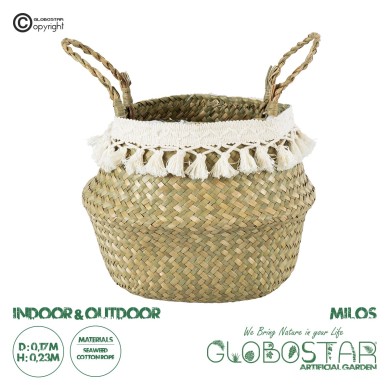GloboStar® Artificial Garden MILOS 20306 Διακοσμητικό Ψάθινο Καλάθι - Κασπώ Γλάστρα - Flower Pot Μπεζ με Μακραμέ Φ17cm x Υ23cm