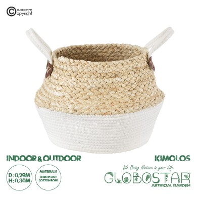 GloboStar® Artificial Garden KIMOLOS 20311 Διακοσμητικό Πλεκτό Καλάθι - Κασπώ Γλάστρα - Flower Pot Μπεζ με Λευκό Φ29cm x Υ30cm
