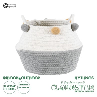 GloboStar® Artificial Garden KYTHNOS 20312 Διακοσμητικό Πλεκτό Καλάθι - Κασπώ Γλάστρα - Flower Pot Γκρι με Λευκό Φ20cm x Υ18cm