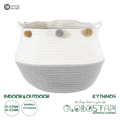 GloboStar® Artificial Garden KYTHNOS 20313 Διακοσμητικό Πλεκτό Καλάθι - Κασπώ Γλάστρα - Flower Pot Γκρι με Λευκό Φ25cm x Υ24cm