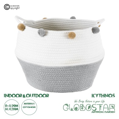 GloboStar® Artificial Garden KYTHNOS 20314 Διακοσμητικό Πλεκτό Καλάθι - Κασπώ Γλάστρα - Flower Pot Γκρι με Λευκό Φ29cm x Υ28cm