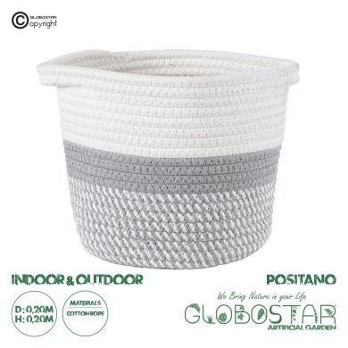 GloboStar® Artificial Garden POSITANO 20318 Διακοσμητικό Πλεκτό Καλάθι - Κασπώ Γλάστρα - Flower Pot Γκρι με Λευκό Φ20cm x Υ20cm