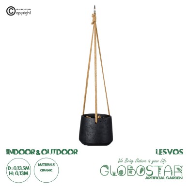 GloboStar® Artificial Garden LESVOS 20464 Κρεμαστό Πήλινο Κεραμικό Κασπώ Γλάστρα - Flower Pot Μαύρο Φ13.5cm x Υ13cm