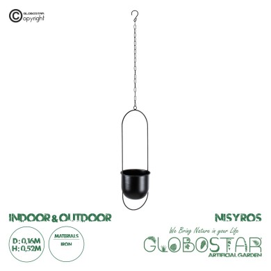 GloboStar® Artificial Garden NISYROS 20487 Κρεμαστό Μεταλλικό Κασπώ Γλάστρα - Flower Pot Μαύρο Φ16cm x Υ52cm