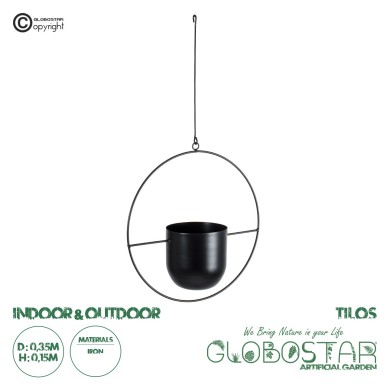 GloboStar® Artificial Garden TILOS 20485 Κρεμαστό Μεταλλικό Κασπώ Γλάστρα - Flower Pot Μαύρο Φ35cm x Υ15cm
