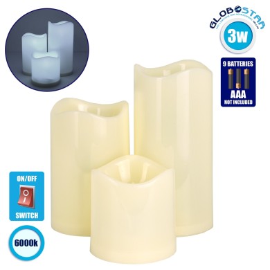 GloboStar® S-79551 ΣΕΤ 3 Διακοσμητικών Realistic Κεριών με LED - Μπαταρίας Ψυχρό Λευκό 6000K