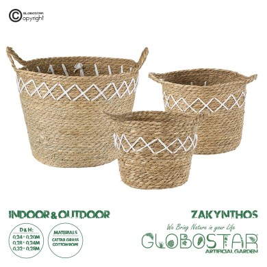 GloboStar® Artificial Garden ZAKYNTHOS 20336 ΣΕΤ 3 Διακοσμητικά Πλεκτά Καλάθια - Κασπώ Γλάστρες - Flower Pots Μπεζ με Μακραμέ A:Φ24cm x Υ20cm B:Φ28cm x Υ24cm C:Φ32cm x Υ28cm