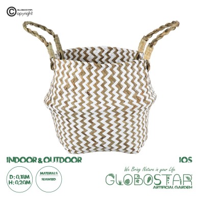 GloboStar® Artificial Garden IOS 20339 Διακοσμητικό Ψάθινο Καλάθι - Κασπώ Γλάστρα - Flower Pot Καφέ με Λευκό Φ18cm x Υ20cm