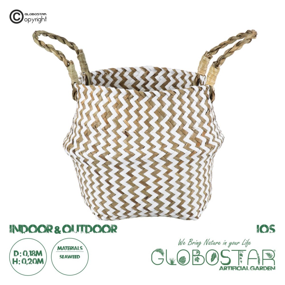 GloboStar® Artificial Garden IOS 20339 Διακοσμητικό Ψάθινο Καλάθι - Κασπώ Γλάστρα - Flower Pot Καφέ με Λευκό Φ18cm x Υ20cm