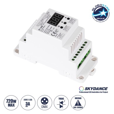 GLOBOSTAR® SKYDANCE-S1-DR 70670 AC Trailing Edge DMX Dimmer Ράγας με 2 x 1.5A 360W Κανάλια AC 220-240V 3A 720W Max IP20 - DMX512 & RDM - Μ11.5 x Π5 x Υ6.5cm - 5 Χρόνια Εγγύηση