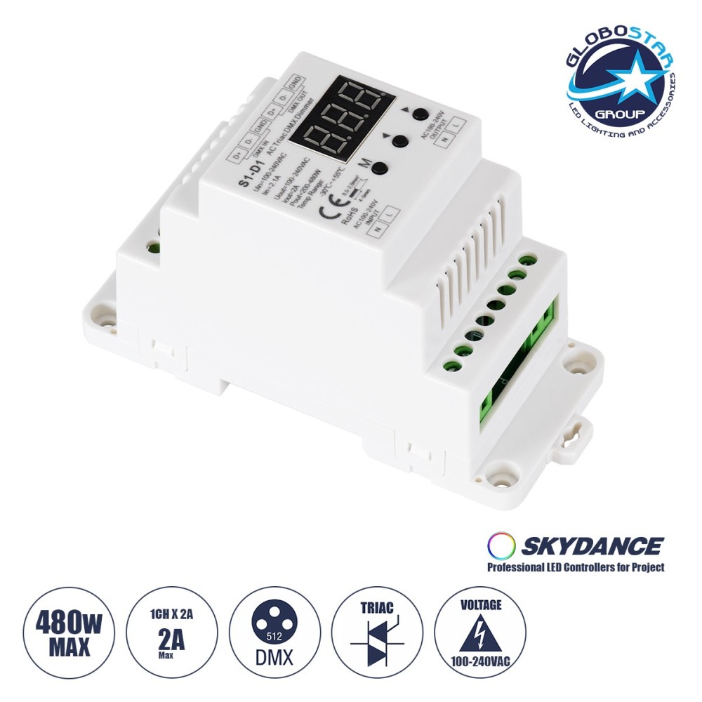GLOBOSTAR® SKYDANCE-S1-D1 70672 AC Trailing Edge DMX Dimmer Ράγας με 1 x 2A 480W Κανάλι AC 220-240V 2A 480W Max IP20 - DMX512 & RDM - Μ11.5 x Π5 x Υ6.5cm - 5 Χρόνια Εγγύηση