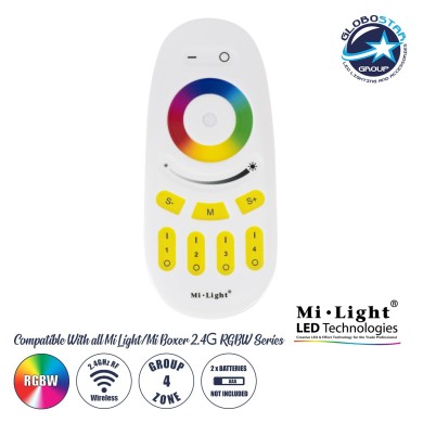 GloboStar® 71409 FUT096 Mi-Light Ασύρματο Χειριστήριο Αφής RF 2.4Ghz 4 Group για όλα τα RGBW Mi-BOXER Controller DC 3V 2 x AAA - IP20 Λευκό Μ12 x Π5.4 x Υ2cm - 5 Years Warranty