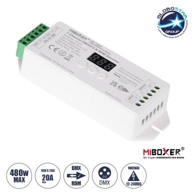 GLOBOSTAR® MiBOXER-D1-CX 71424 DC DMX Master Dimmer - Controller - Decoder Υψηλής Ταχύτητας με 1 x 20A 480W Κανάλι DC 12-24V 20A 480W Max IP20 - DMX512 & RDM - Μ13 x Π5 x Υ2.5cm - 5 Χρόνια Εγγύηση