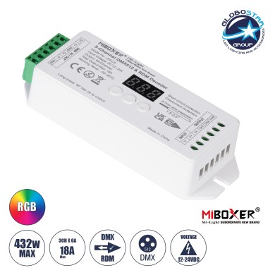 GloboStar® 71425 D3-CX Mi-BOXER DC DMX & RDM Dimmer High Speed Controller - Decoder 3 Καναλιών DC 12-24V 3 x 6A 144W - Max 18A 432W - IP20 Μ13 x Π5 x Υ2.5cm - 5 Years Warranty