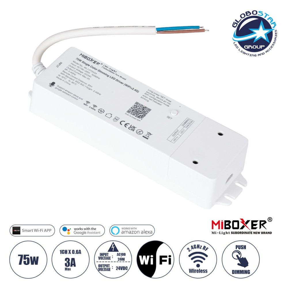 GloboStar® 71437 WL1-P75V24 Mi-BOXER DC Smart Wifi & RF 2.4Ghz & Push Dimming Power Supply Τροφοδοτικό SELV & Controller - Dimmer All in One AC100-240V σε DC 24V 1 x 3A 75W - Max 3A 75W - IP20 Μ19 x Π5.5 x Υ3.2cm - 5 Years Warranty
