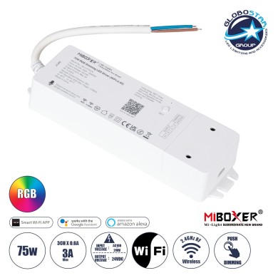 GloboStar® 71439 WL3-P75V24 Mi-BOXER DC Smart Wifi & RF 2.4Ghz & Push Dimming Power Supply Τροφοδοτικό SELV & Controller - Dimmer All in One 3 Καναλιών AC100-240V σε DC 24V 3 x 0.6A 14.4W - Max 3A 75W - IP20 RGB Μ19 x Π5.5 x Υ3.2cm - 5 Years Warranty