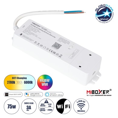 GloboStar® 71441 WL5-P75V24 Mi-BOXER DC Smart Wifi & RF 2.4Ghz Power Supply Τροφοδοτικό SELV & Controller - Dimmer All in One 5 Καναλιών AC100-240V σε DC 24V 5 x 0.6A 14.4W - Max 3A 75W - IP20 RGBW+WW Μ19 x Π5.5 x Υ3.2cm - 5 Years Warranty