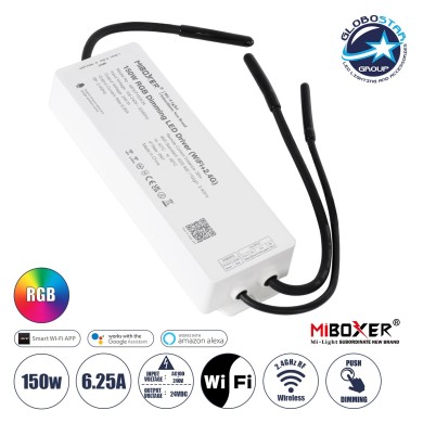 GloboStar® 71442 WP3-P150V24 Mi-BOXER DC Smart Wifi & RF 2.4Ghz Power Supply Τροφοδοτικό SELV & Controller - Dimmer All in One 3 Καναλιών AC100-240V σε DC 24V 3 x 2.1A 50W - Max 6.25A 150W - Αδιάβροχο IP67 RGB Μ22.5 x Π7.3 x Υ3.5cm - 5 Years Warranty