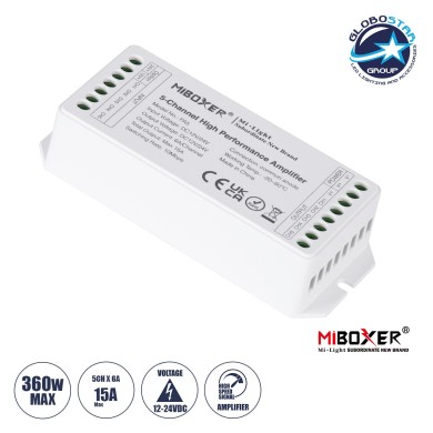 GLOBOSTAR® MiBOXER-PA5 71429 DC Ενισχυτής Ισχύος & Σήματος Υψηλής Ταχύτητας με 5 x 6A 144W Κανάλια DC 12-24V 15A 360W Max IP20 - Μ11.4 x Π4.9 x Υ2.8cm - 5 Χρόνια Εγγύηση