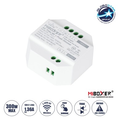 GLOBOSTAR® MiBOXER-TRI-C1 71432 AC Triac RF 2.4Ghz & Push Dimmer με 1 x 1.36A 300W Κανάλι AC 220-240V 1.36A 300W Max IP20 - RF 2.4Ghz & Push Dimming - Μ5 x Π5 x Υ2.3cm - 5 Χρόνια Εγγύηση