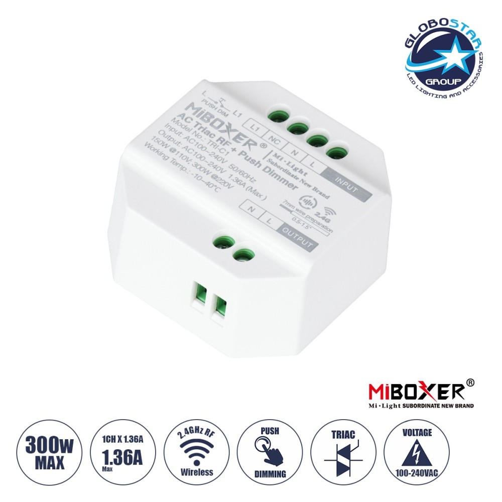 GLOBOSTAR® MiBOXER-TRI-C1 71432 AC Triac RF 2.4Ghz & Push Dimmer με 1 x 1.36A 300W Κανάλι AC 220-240V 1.36A 300W Max IP20 - RF 2.4Ghz & Push Dimming - Μ5 x Π5 x Υ2.3cm - 5 Χρόνια Εγγύηση