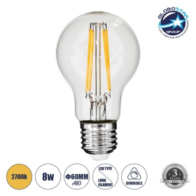 GLOBOSTAR® GLOBE 99007 Λάμπα E27 A60 LED 8W 800lm 360° AC 220-240V IP20 Θερμό Λευκό 2700K Dimmable - Long Filament Chip - Διάφανο - Μ6 x Π6 x Υ10.5cm - 3 Χρόνια Εγγύηση
