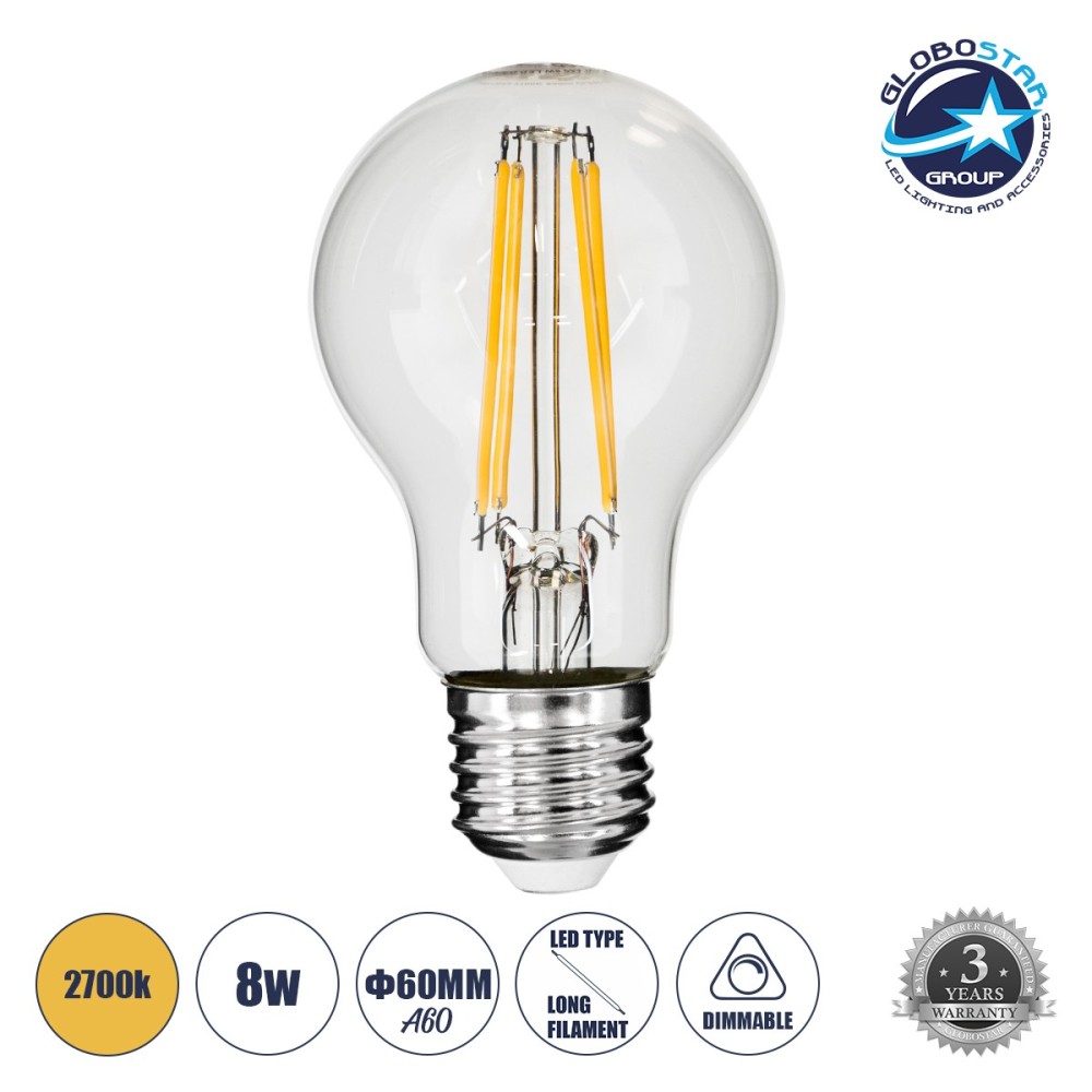 GLOBOSTAR® GLOBE 99007 Λάμπα E27 A60 LED 8W 800lm 360° AC 220-240V IP20 Θερμό Λευκό 2700K Dimmable - Long Filament Chip - Διάφανο - Μ6 x Π6 x Υ10.5cm - 3 Χρόνια Εγγύηση