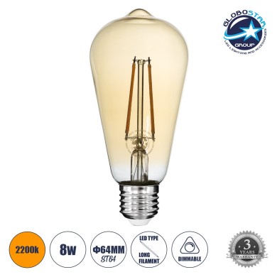 GLOBOSTAR® PEAR 99046 Λάμπα E27 ST64 LED 8W 720lm 360° AC 220-240V IP20 Ultra Θερμό Λευκό 2200K Dimmable - Long Filament Chip - Μελί - Μ6.4 x Π6.4 x Υ14cm - 3 Χρόνια Εγγύηση