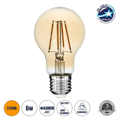 GLOBOSTAR® GLOBE 99036 Λάμπα E27 A60 LED 6W 550lm 360° AC 220-240V IP20 Ultra Θερμό Λευκό 2200K Dimmable - Long Filament Chip - Μελί - Μ6 x Π6 x Υ10.5cm - 3 Χρόνια Εγγύηση