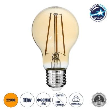 GLOBOSTAR® GLOBE 99038 Λάμπα E27 A60 LED 10W 900lm 360° AC 220-240V IP20 Ultra Θερμό Λευκό 2200K Dimmable - Long Filament Chip - Μελί - Μ6 x Π6 x Υ10.5cm - 3 Χρόνια Εγγύηση