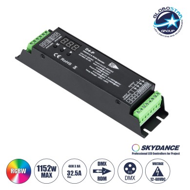 GloboStar® 70669 D4-P SKYDANCE DC DMX & RDM Dimmer High Speed Controller - Decoder 4 Καναλιών DC 12-48V 4 x 8A 384W - Max 32.5A 1152W - IP20 Μ17.5 x Π4.5 x Υ2.8cm - 5 Years Warranty
