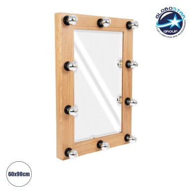 GloboStar® MAKEUP MIRROR-60x90-1 Μοντέρνος Καθρέπτης Μακιγιάζ με Πλαίσιο Φυσικού Ξύλου με Διακόπτη On-Off 10 x E27 AC220-240V - Μ60 x Π7 x Υ90cm - Μπεζ Δρυς