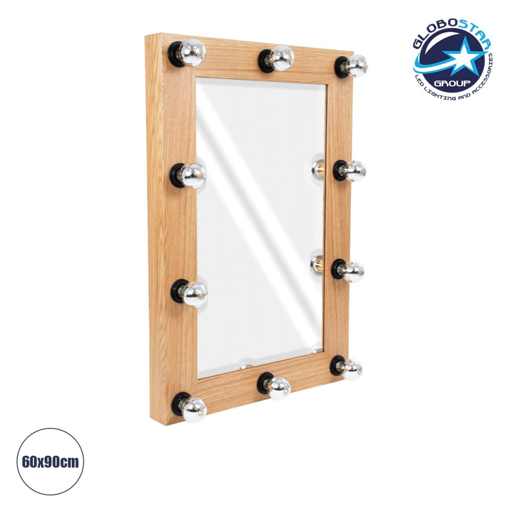 GloboStar® MAKEUP MIRROR-60x90-1 Μοντέρνος Καθρέπτης Μακιγιάζ με Πλαίσιο Φυσικού Ξύλου με Διακόπτη On-Off 10 x E27 AC220-240V - Μ60 x Π7 x Υ90cm - Μπεζ Δρυς
