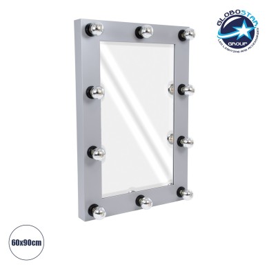 GloboStar® MAKEUP MIRROR-60x90-3 Μοντέρνος Καθρέπτης Μακιγιάζ με Πλαίσιο Φυσικού Ξύλου με Διακόπτη On-Off 10 x E27 AC220-240V - Μ60 x Π7 x Υ90cm - Γκρι Τσιμέντου