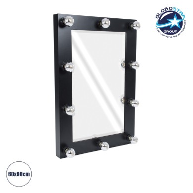 GloboStar® MAKEUP MIRROR-60x90-5 Μοντέρνος Καθρέπτης Μακιγιάζ με Πλαίσιο Φυσικού Ξύλου με Διακόπτη On-Off 10 x E27 AC220-240V - Μ60 x Π7 x Υ90cm - Μαύρος Έβενος