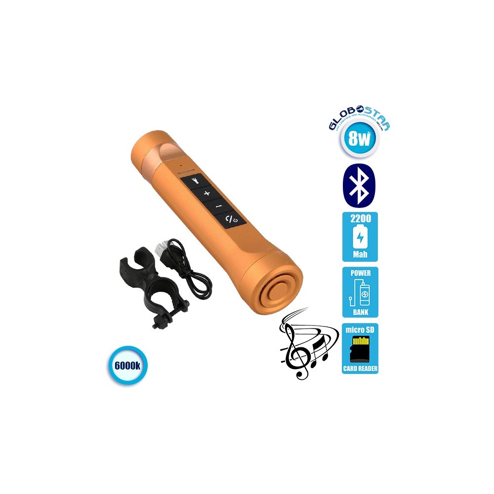 LED Φακός Επαναφορτιζόμενος 8W 800lm Χρυσός POWERBANK με Βάση Στήριξης Ποδηλάτου και Υποδοχές SD Card - USB με Ηχείο 3W Bluetooth GloboStar 06209