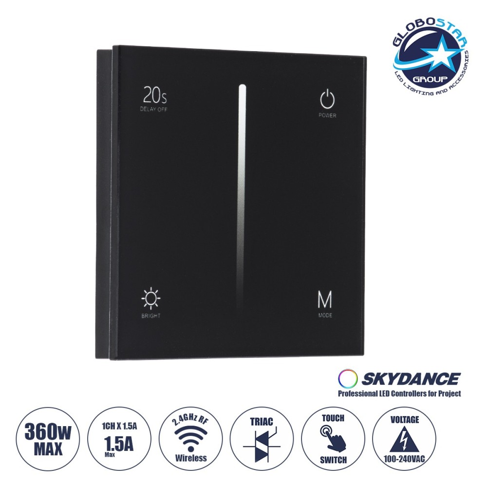 GloboStar® 71453 S1-T SKYDANCE AC Smart RF 2.4Ghz & Αφής - Touch Triac Dimming AC100-240V σε AC100-240V 1 x 1.5A 360W - Max 1.5A 360W - IP20 - Μαύρο Σώμα - Μ8.5 x Π8.5 x Υ3.2cm - 5 Years Warranty